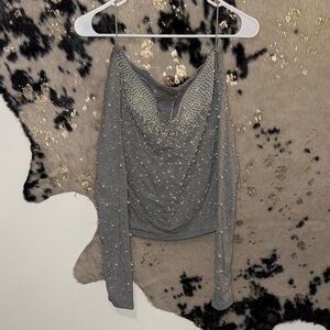 Chic Gray Embellished Long Sleeve Blouse